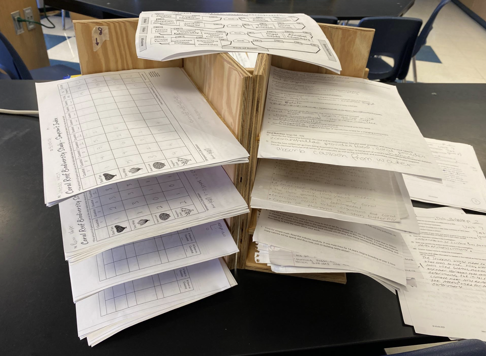 A picture of graded papers placed into the paper passback sorter - so efficient